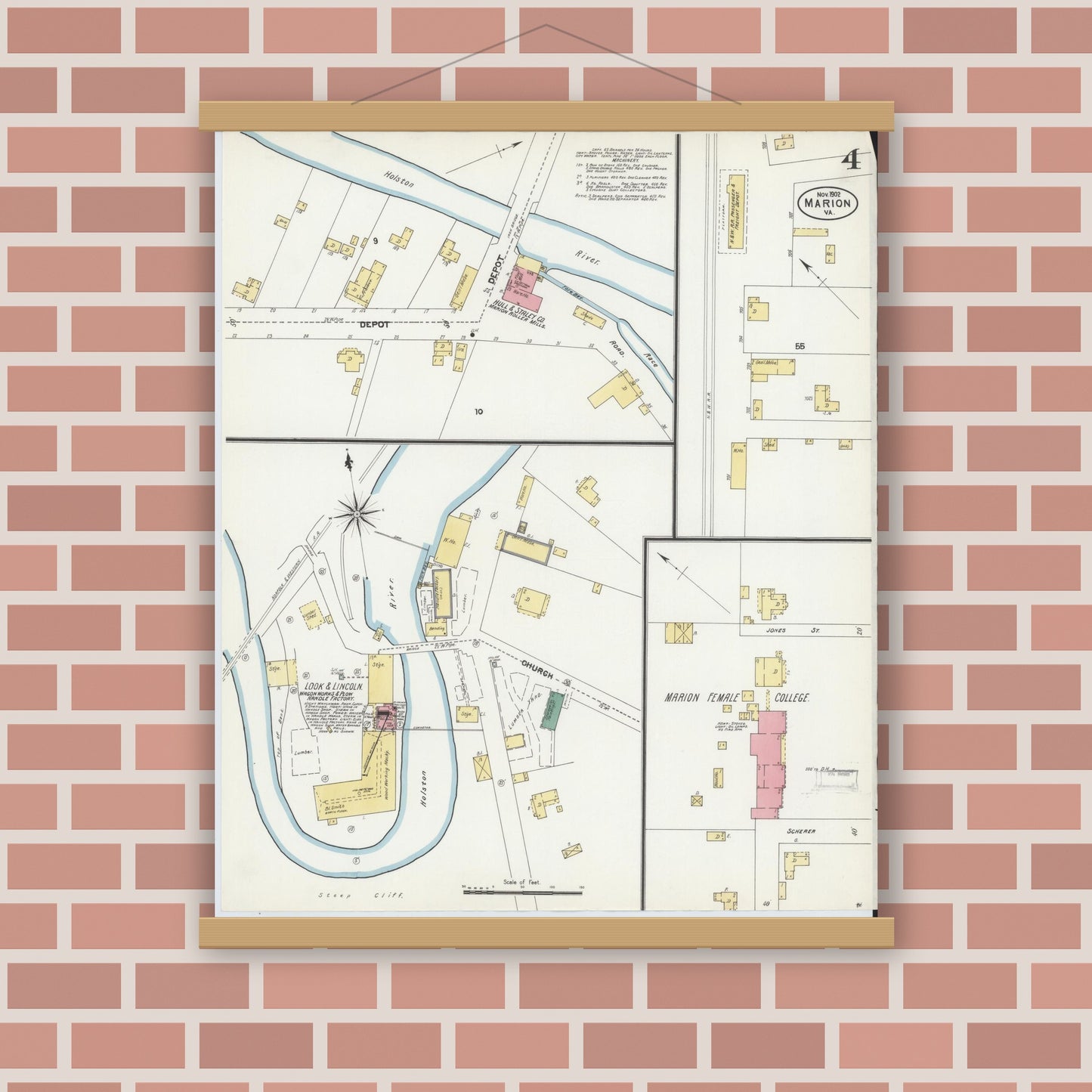Old map wall art mockup — magnetic wood frame on brick wall — Sanborn Fire Insurance Map from Marion, Smyth County, Virginia (1902), Sheet #0004