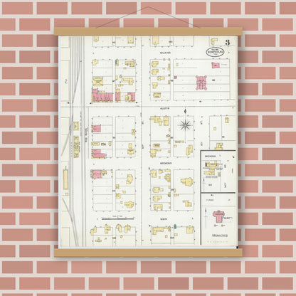 Old map wall art mockup — magnetic wood frame on brick wall — Sanborn Fire Insurance Map from Hempstead, Waller County, Texas (1906), Sheet #0003