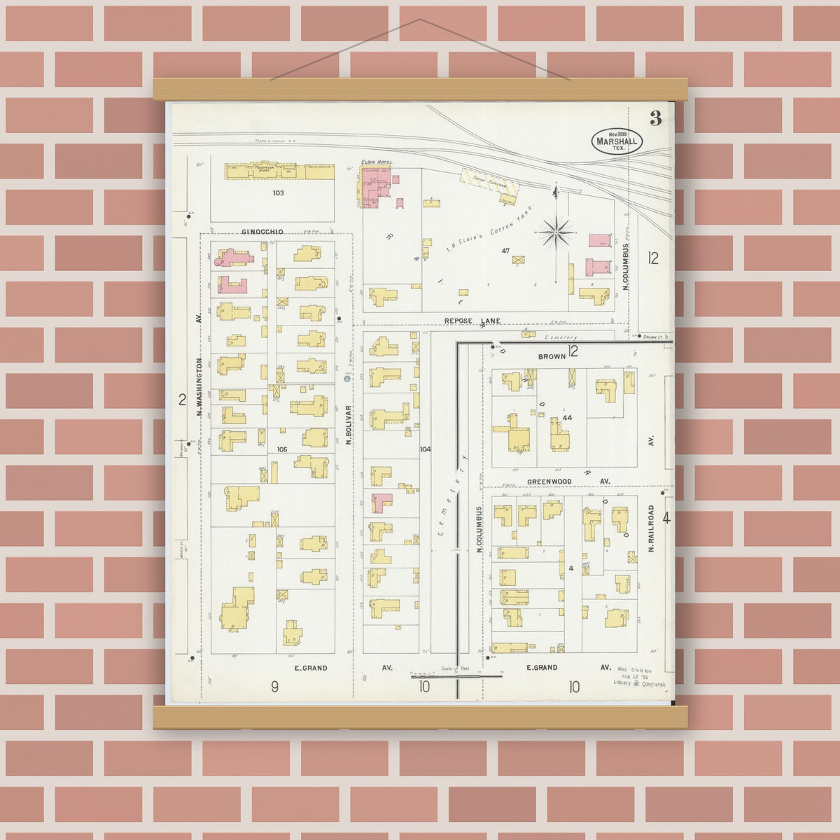 Old map wall art mockup — magnetic wood frame on brick wall — Sanborn Fire Insurance Map from Marshall, Harrison County, Texas (1899), Sheet #0003