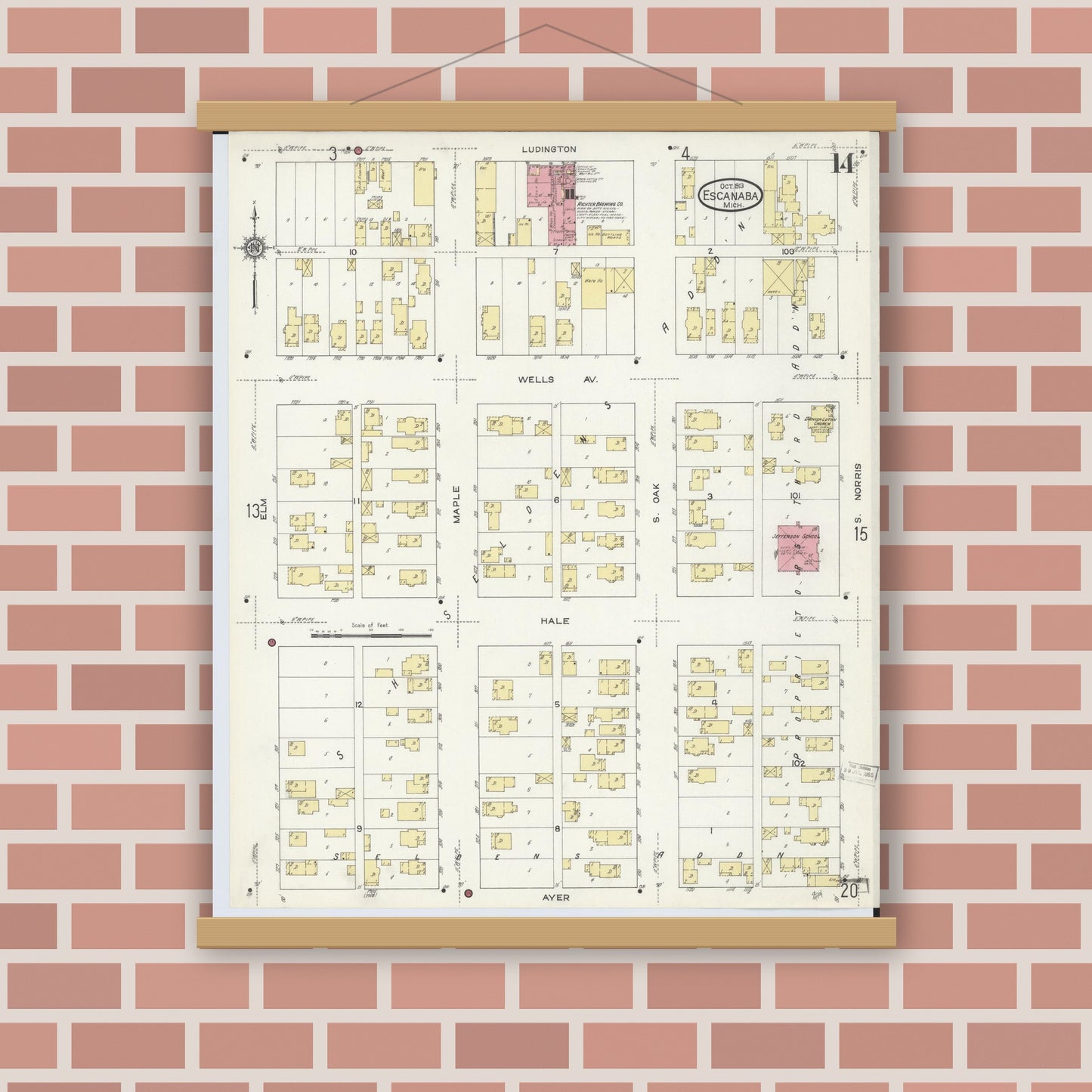 Old map wall art mockup — magnetic wood frame on brick wall — Sanborn Fire Insurance Map from Escanaba, Delta County, Michigan (1913), Sheet #0014