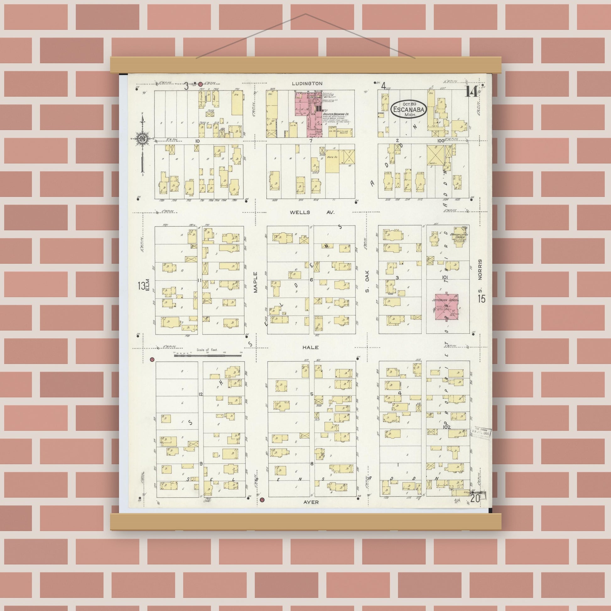 Old map wall art mockup — magnetic wood frame on brick wall — Sanborn Fire Insurance Map from Escanaba, Delta County, Michigan (1913), Sheet #0014