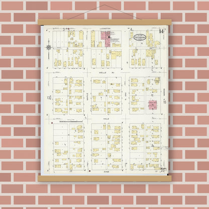 Old map wall art mockup — magnetic wood frame on brick wall — Sanborn Fire Insurance Map from Escanaba, Delta County, Michigan (1913), Sheet #0014