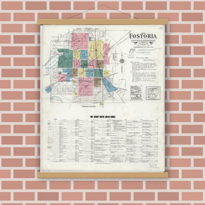 Old map wall art mockup — magnetic wood frame on brick wall — Sanborn Fire Insurance Map from Fostoria, Seneca, Hancock, And Wood Counties, Ohio (1924), Sheet #0001