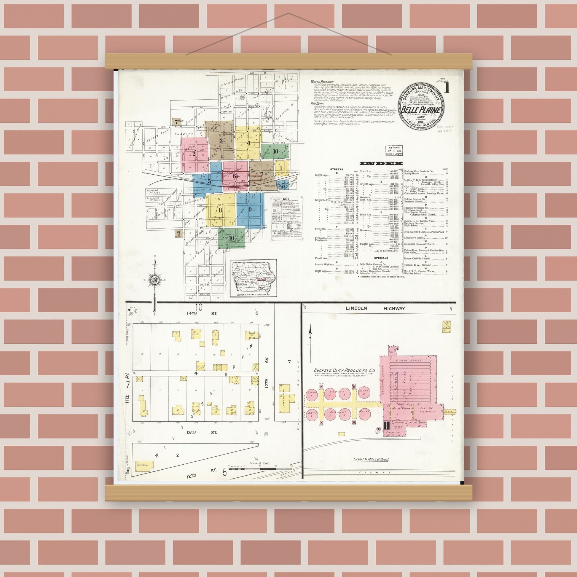 Old map wall art mockup — magnetic wood frame on brick wall — Sanborn Fire Insurance Map from Belle Plaine, Benton County, Iowa (1916) â€” Complete Set