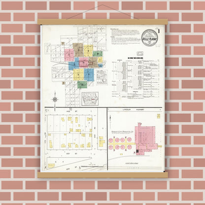 Old map wall art mockup — magnetic wood frame on brick wall — Sanborn Fire Insurance Map from Belle Plaine, Benton County, Iowa (1916) â€” Complete Set