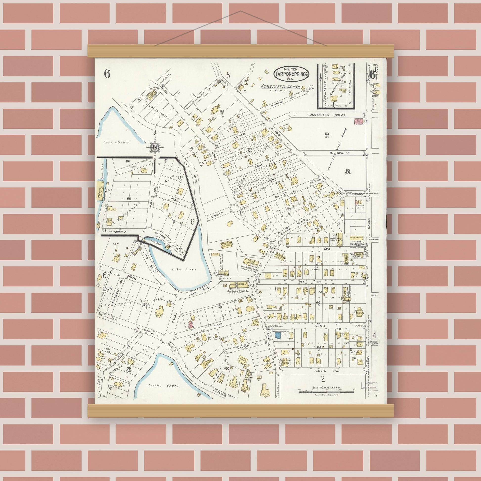 Old map wall art mockup — magnetic wood frame on brick wall — Sanborn Fire Insurance Map from Tarpon Springs, Pinellas County, Florida (1926), Sheet #0006