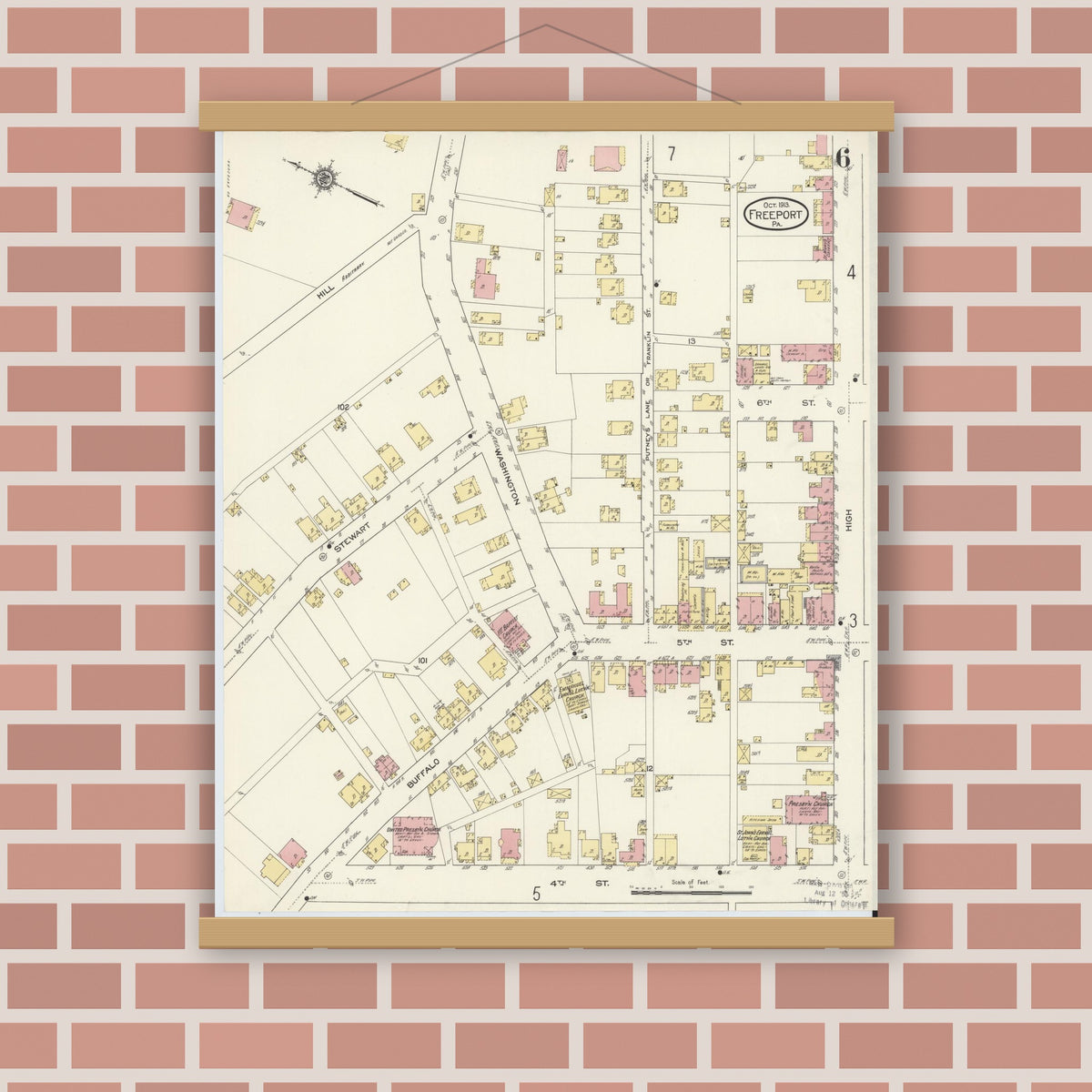 Old map wall art mockup — magnetic wood frame on brick wall — Sanborn Fire Insurance Map from Freeport, Armstrong County, Pennsylvania (1913), Sheet #0006