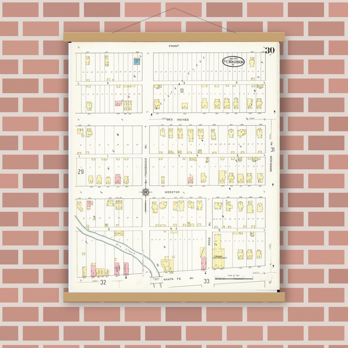 Old map wall art mockup — magnetic wood frame on brick wall — Sanborn Fire Insurance Map from Fort Madison, Lee County, Iowa (1913), Sheet #0030
