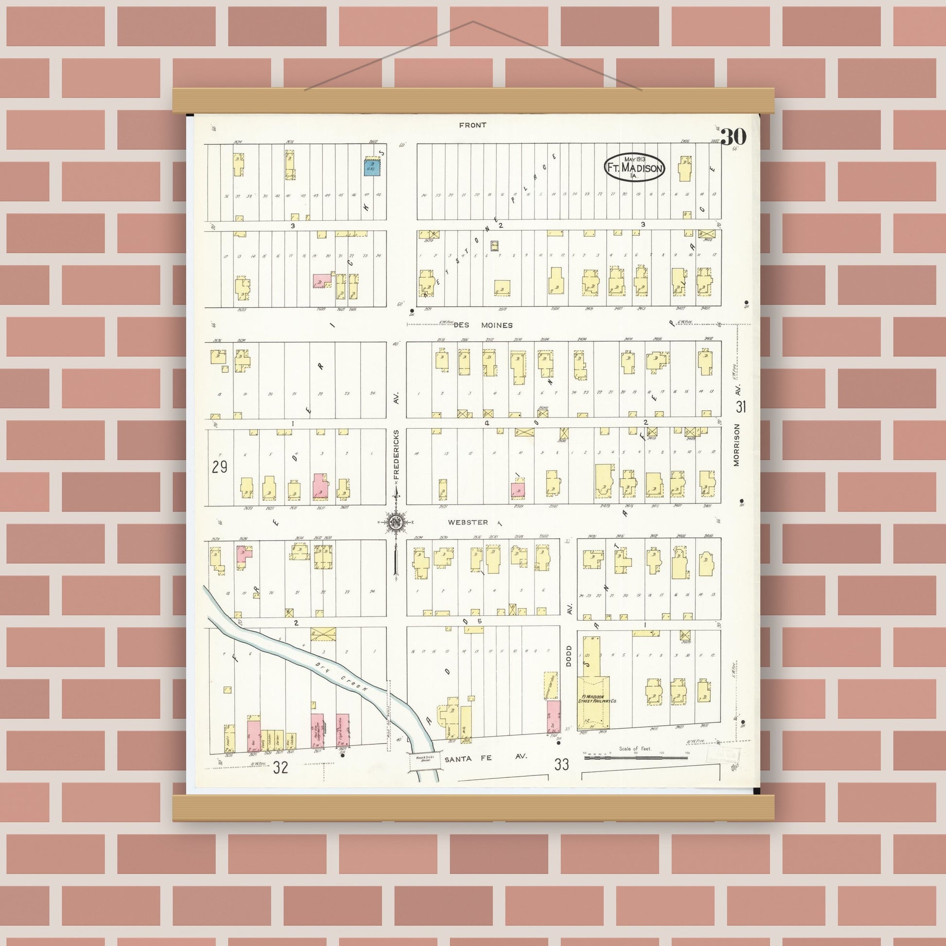 Old map wall art mockup — magnetic wood frame on brick wall — Sanborn Fire Insurance Map from Fort Madison, Lee County, Iowa (1913), Sheet #0030