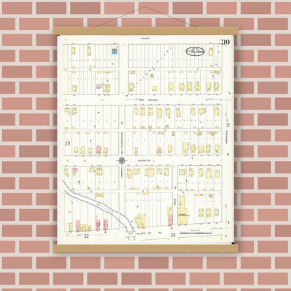 Old map wall art mockup — magnetic wood frame on brick wall — Sanborn Fire Insurance Map from Fort Madison, Lee County, Iowa (1913), Sheet #0030