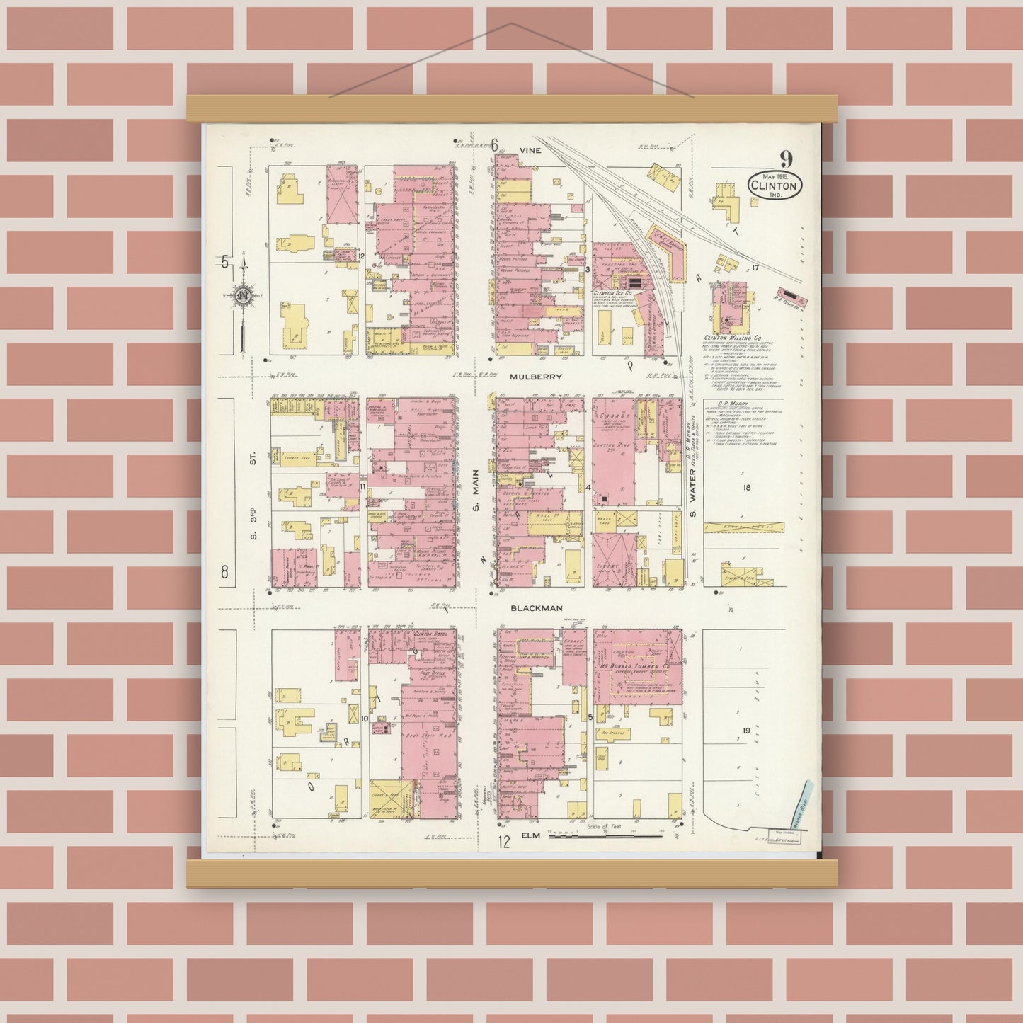 Old map wall art mockup — magnetic wood frame on brick wall — Sanborn Fire Insurance Map from Clinton, Vermillion County, Indiana (1915), Sheet #0009