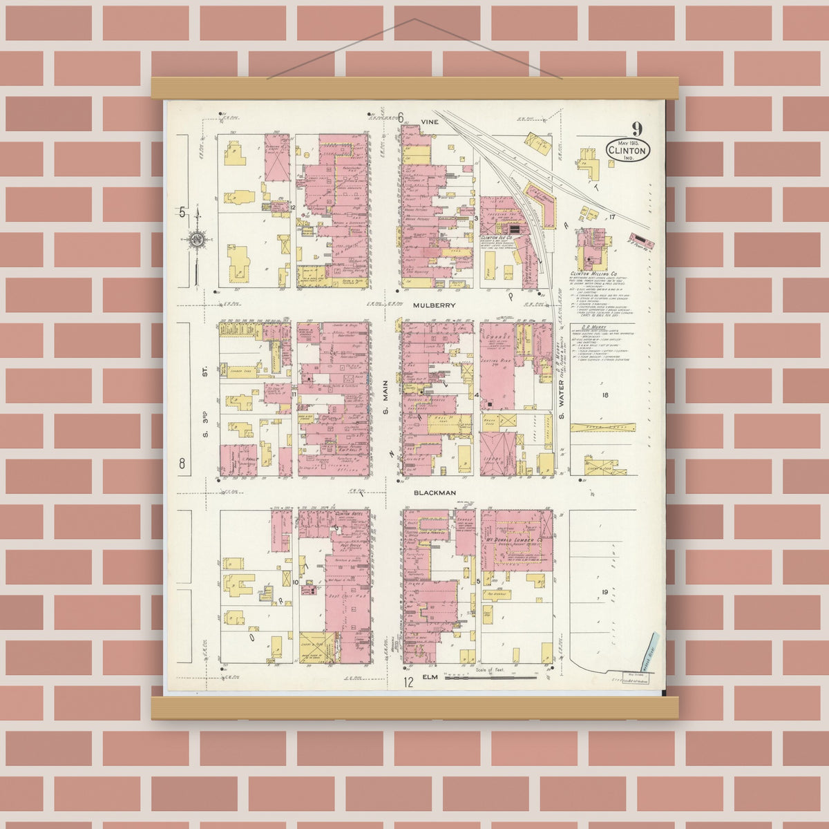 Old map wall art mockup — magnetic wood frame on brick wall — Sanborn Fire Insurance Map from Clinton, Vermillion County, Indiana (1915), Sheet #0009