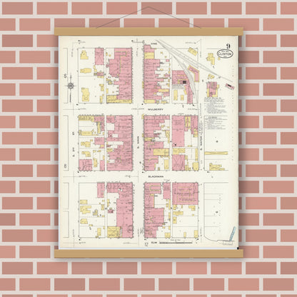 Old map wall art mockup — magnetic wood frame on brick wall — Sanborn Fire Insurance Map from Clinton, Vermillion County, Indiana (1915), Sheet #0009