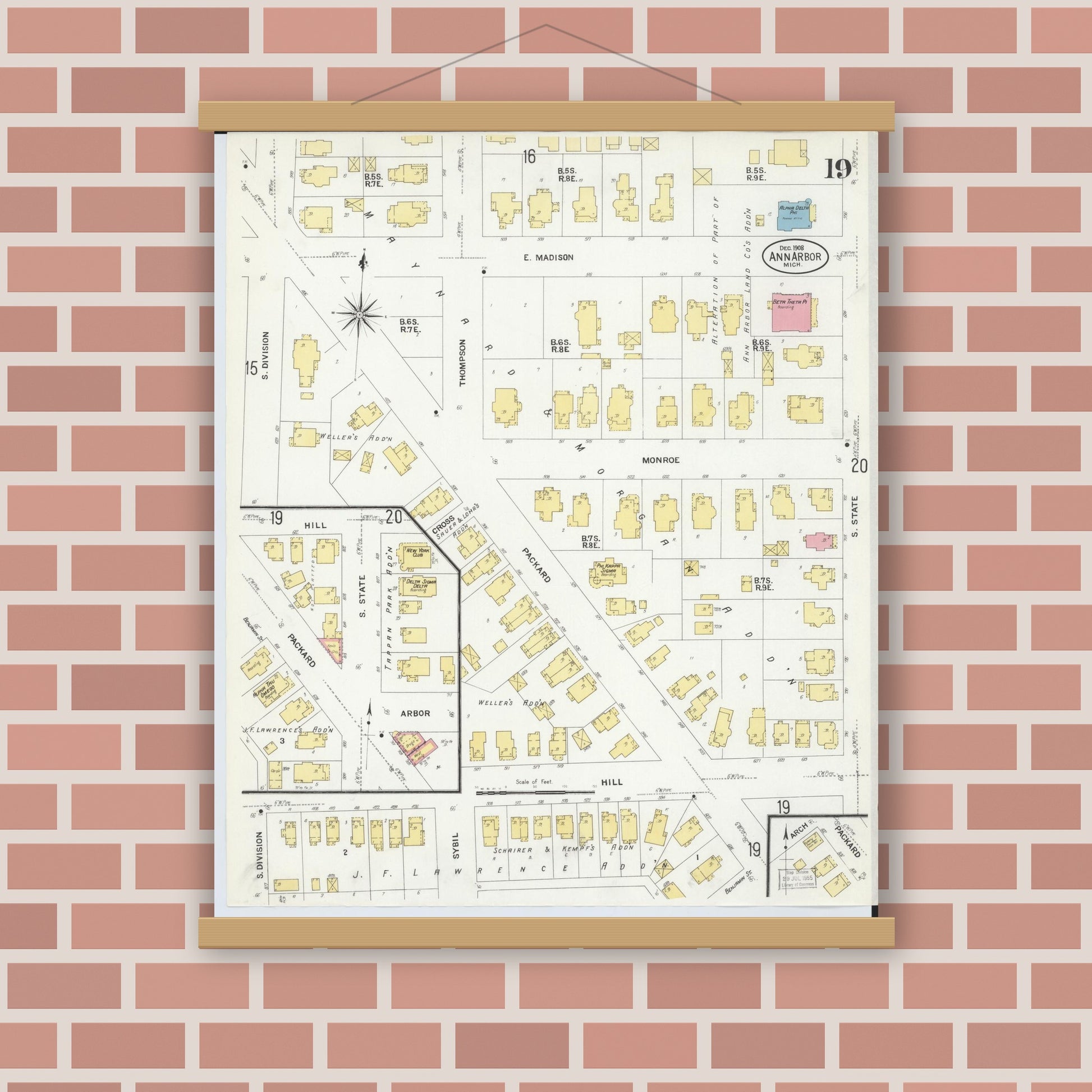 Old map wall art mockup — magnetic wood frame on brick wall — Sanborn Fire Insurance Map from Ann Arbor, Washtenaw County, Michigan (1908), Sheet #0019