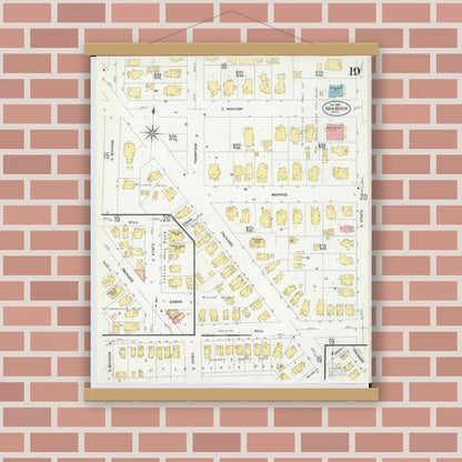 Old map wall art mockup — magnetic wood frame on brick wall — Sanborn Fire Insurance Map from Ann Arbor, Washtenaw County, Michigan (1908), Sheet #0019
