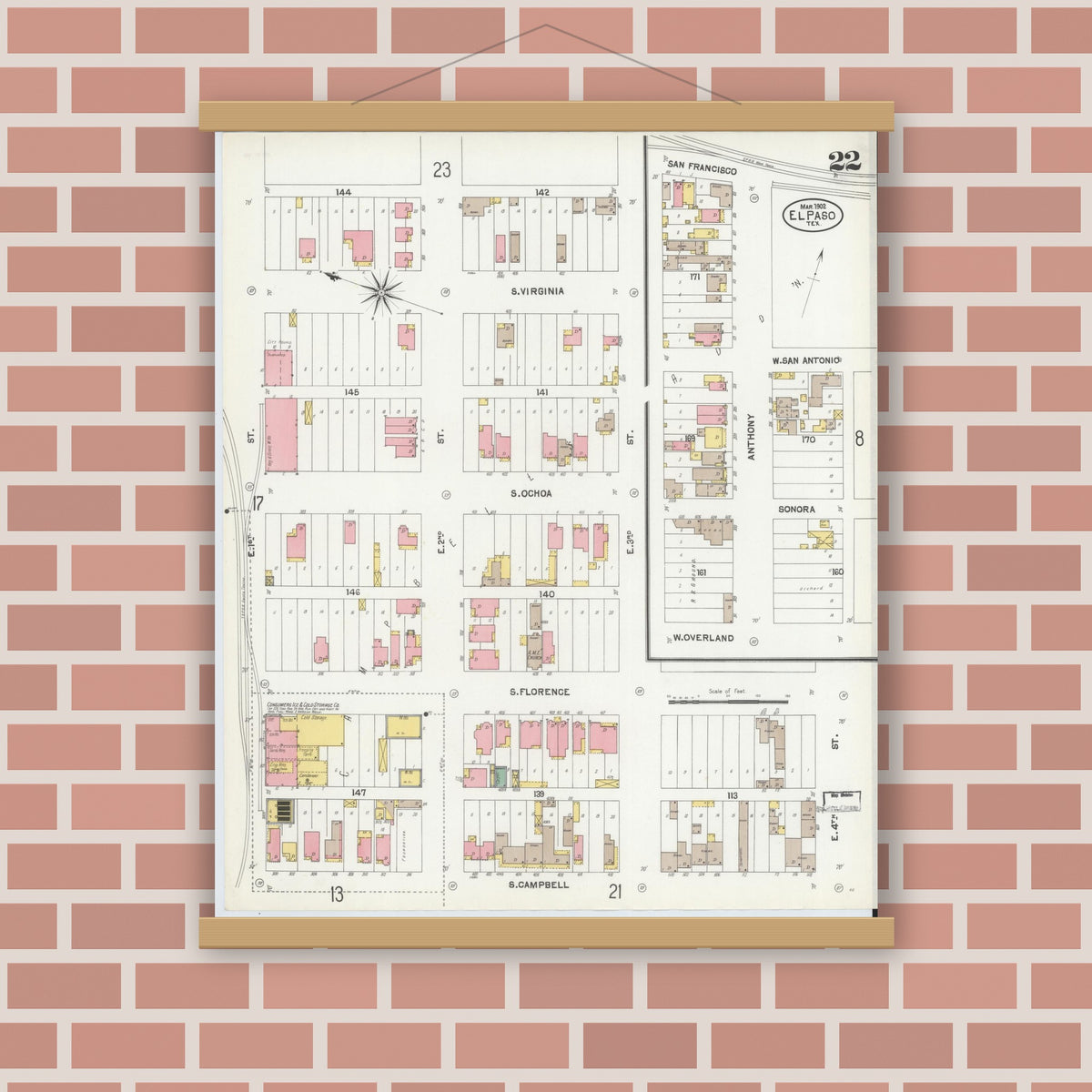 Old map wall art mockup — magnetic wood frame on brick wall — Sanborn Fire Insurance Map from El Paso, El Paso County, Texas (1902), Sheet #0022