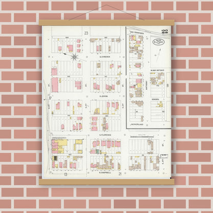 Old map wall art mockup — magnetic wood frame on brick wall — Sanborn Fire Insurance Map from El Paso, El Paso County, Texas (1902), Sheet #0022