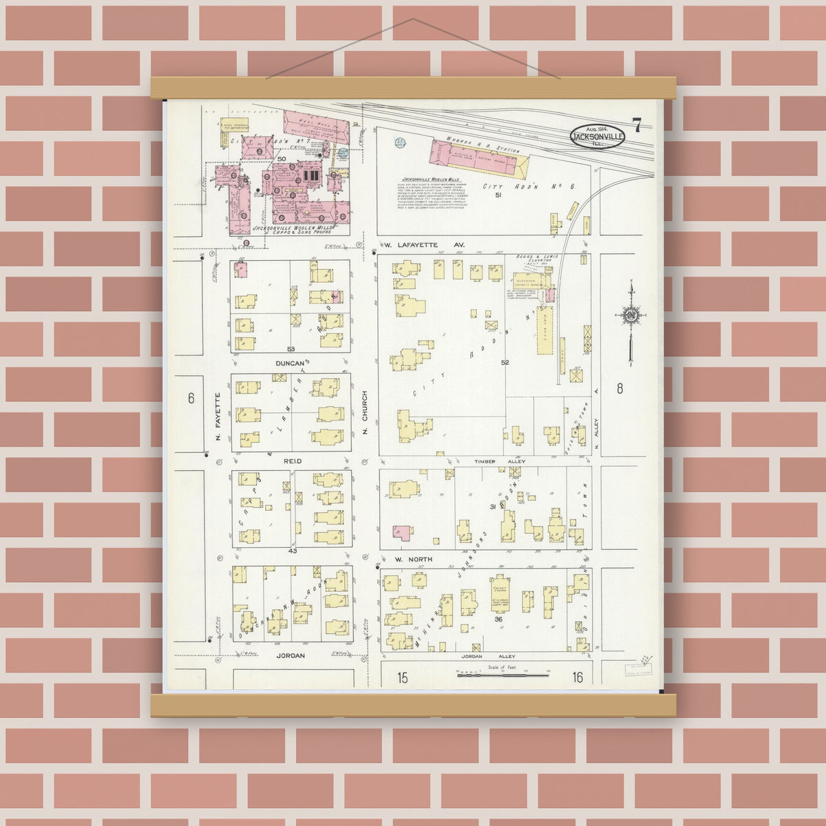 Old map wall art mockup — magnetic wood frame on brick wall — Sanborn Fire Insurance Map from Jacksonville, Morgan County, Illinois (1914), Sheet #0007