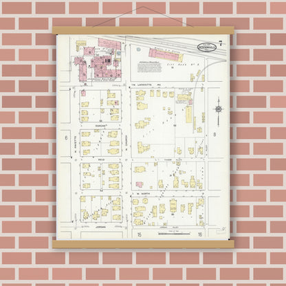 Old map wall art mockup — magnetic wood frame on brick wall — Sanborn Fire Insurance Map from Jacksonville, Morgan County, Illinois (1914), Sheet #0007