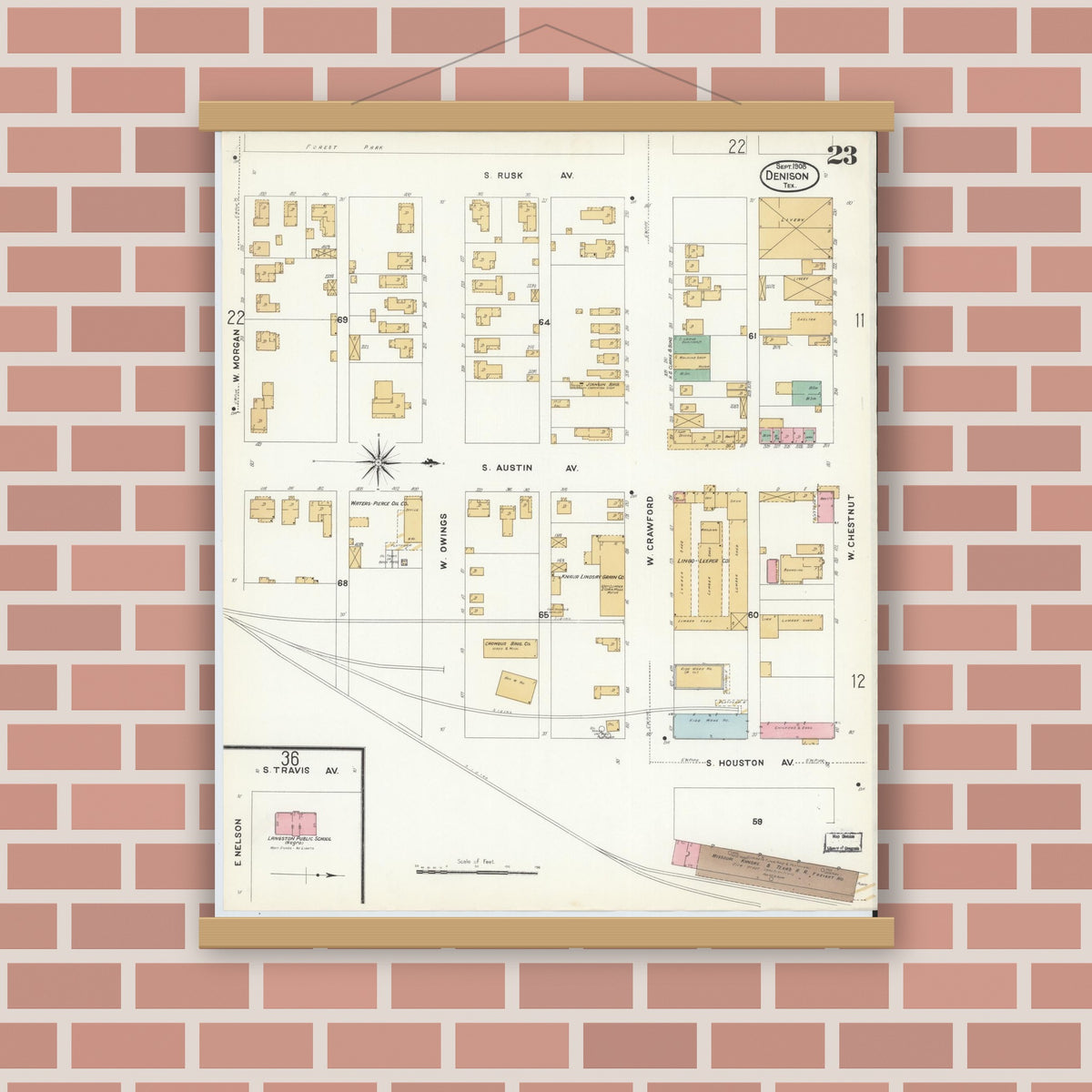 Old map wall art mockup — magnetic wood frame on brick wall — Sanborn Fire Insurance Map from Denison, Grayson County, Texas (1908), Sheet #0023