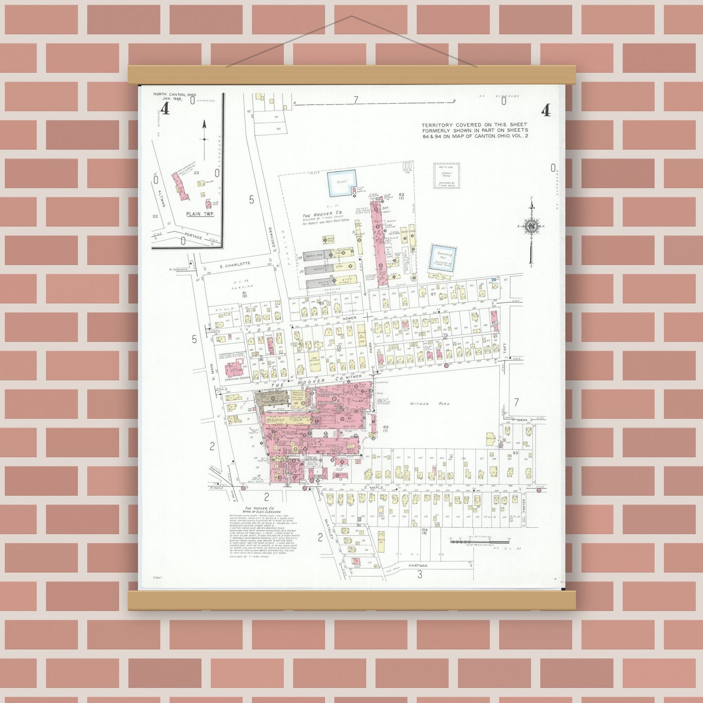 Old map wall art mockup — magnetic wood frame on brick wall — Sanborn Fire Insurance Map from North Canton, Stark County, Ohio (1948), Sheet #0004
