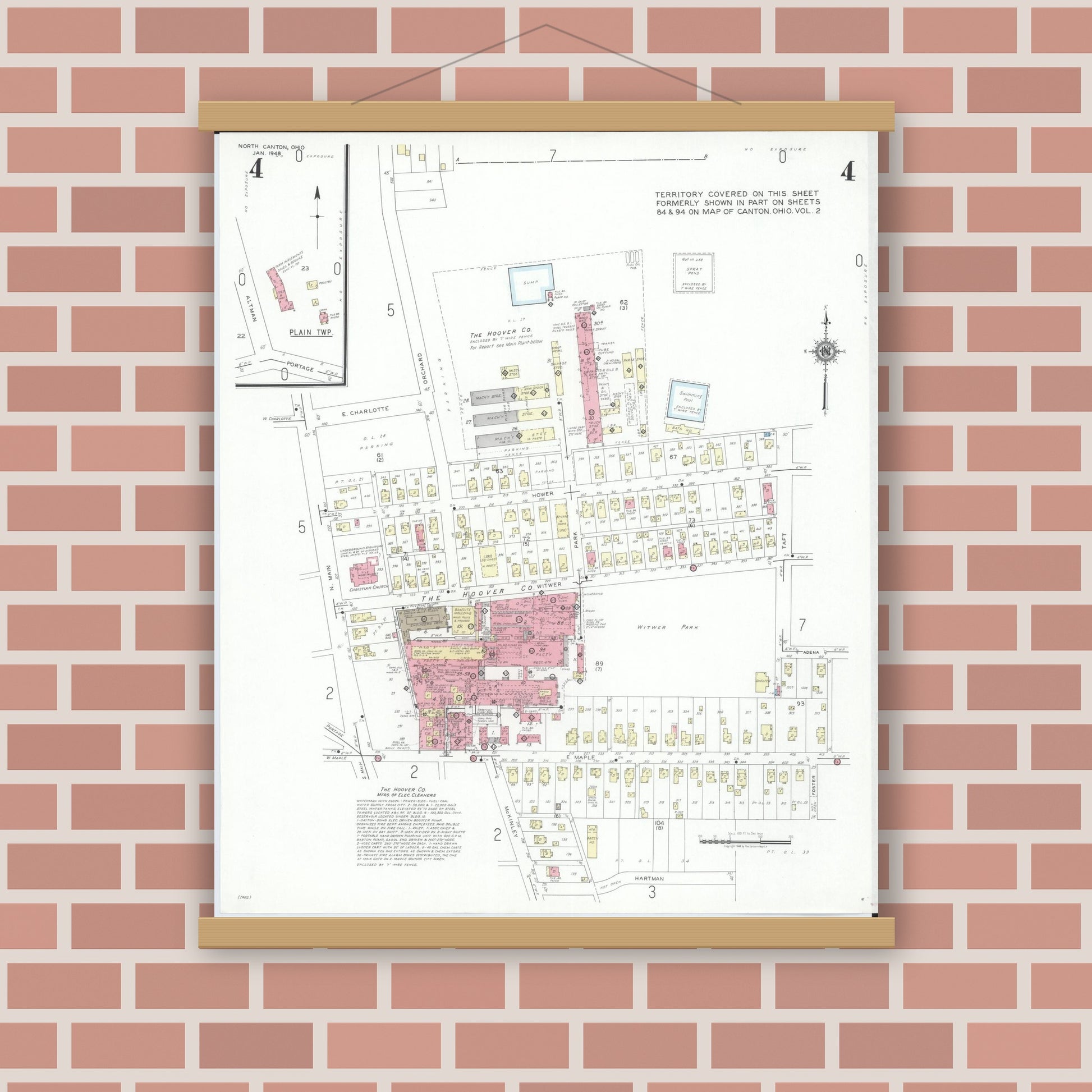 Old map wall art mockup — magnetic wood frame on brick wall — Sanborn Fire Insurance Map from North Canton, Stark County, Ohio (1948), Sheet #0004