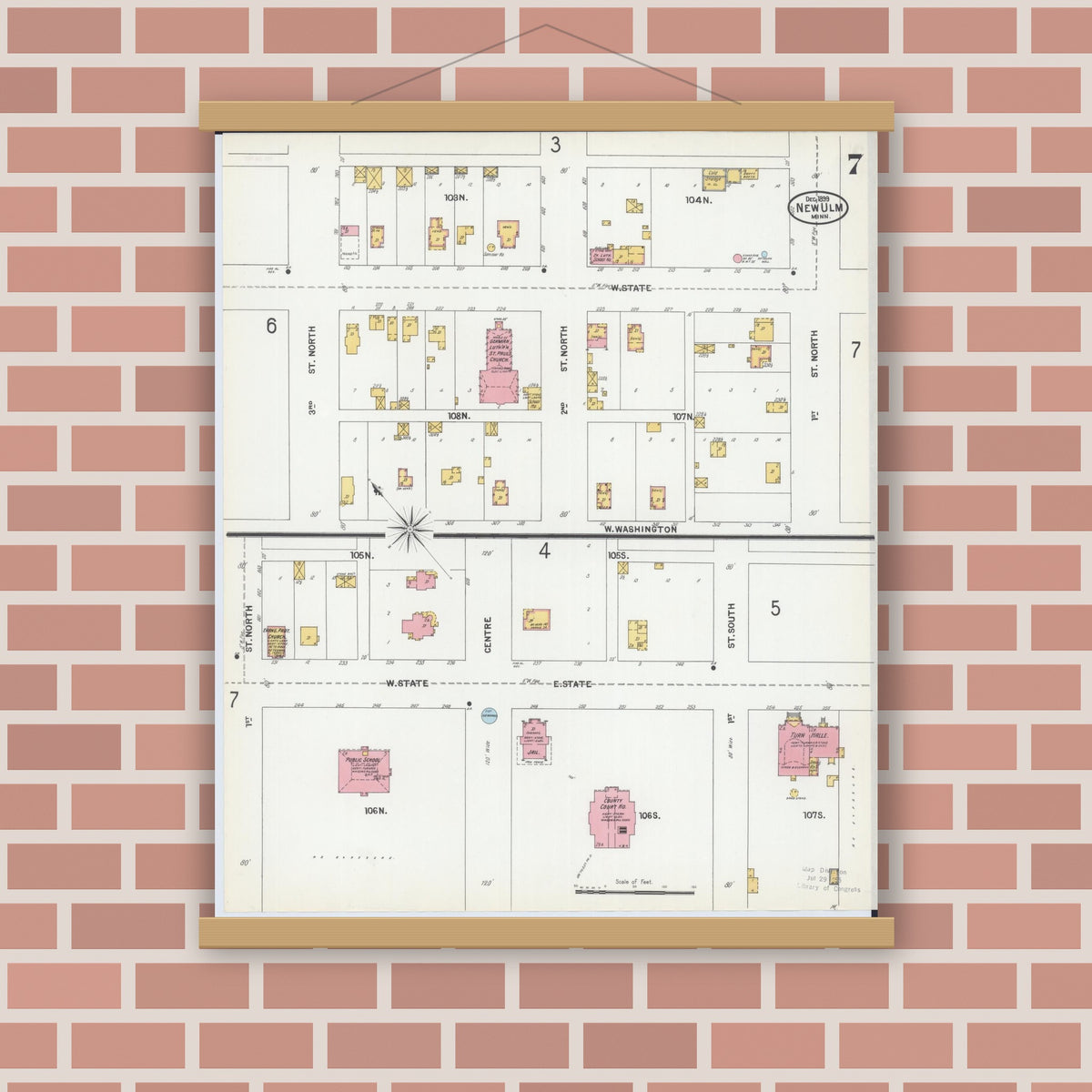 Old map wall art mockup — magnetic wood frame on brick wall — Sanborn Fire Insurance Map from New Ulm, Brown County, Minnesota (1899), Sheet #0007