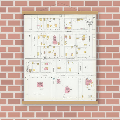 Old map wall art mockup — magnetic wood frame on brick wall — Sanborn Fire Insurance Map from New Ulm, Brown County, Minnesota (1899), Sheet #0007