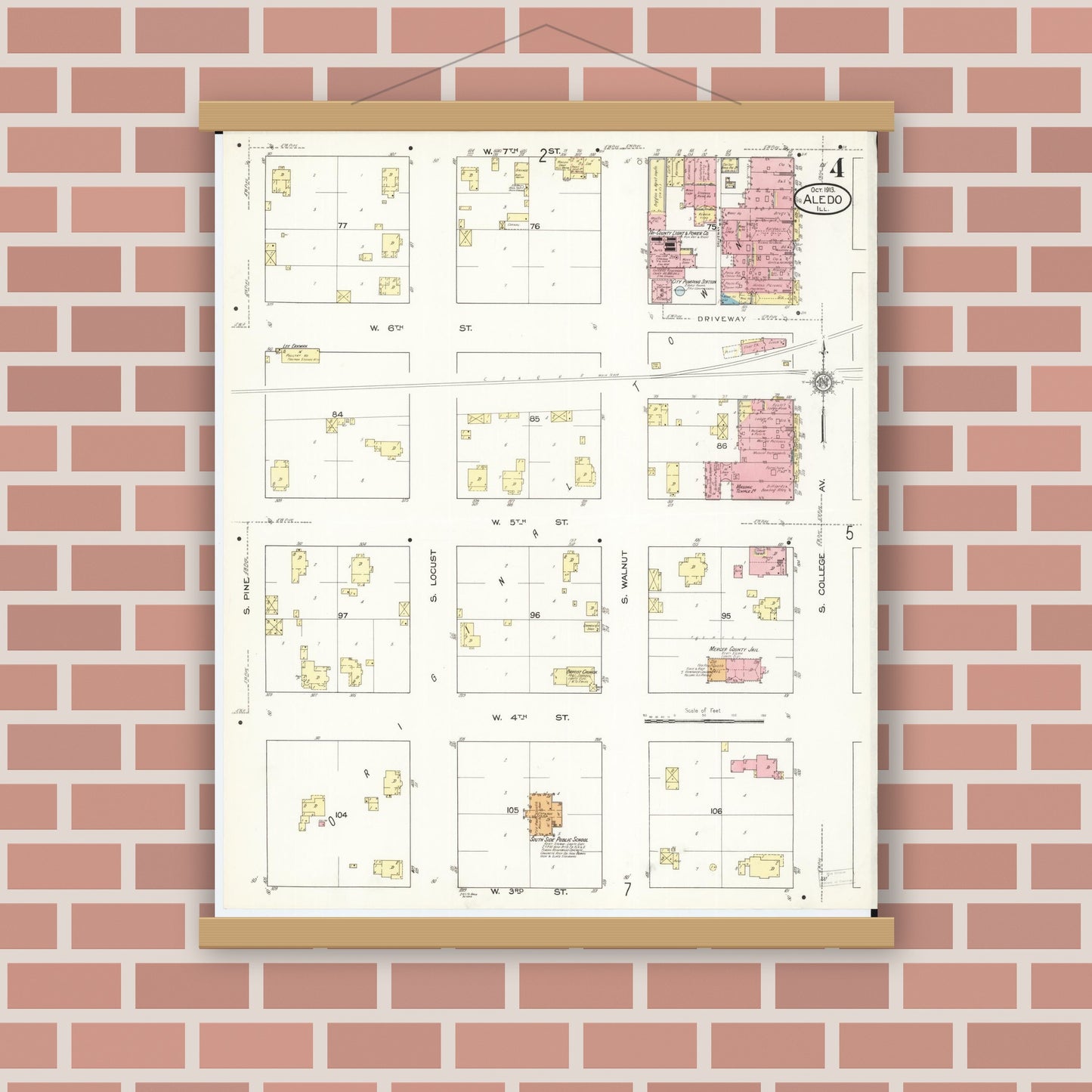 Old map wall art mockup — magnetic wood frame on brick wall — Sanborn Fire Insurance Map from Aledo, Mercer County, Illinois (1913), Sheet #0004