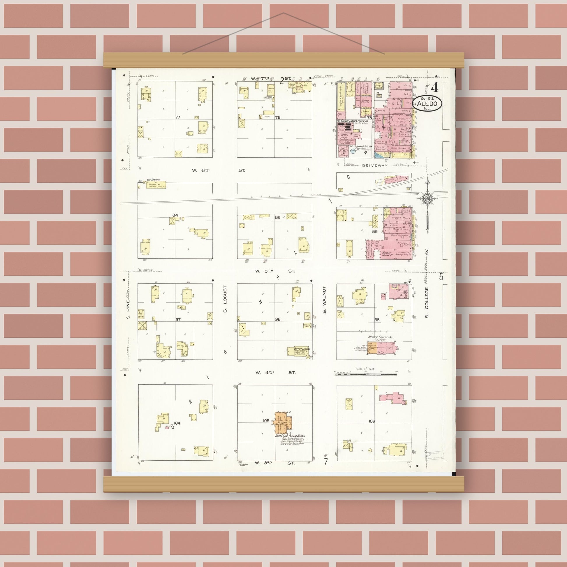 Old map wall art mockup — magnetic wood frame on brick wall — Sanborn Fire Insurance Map from Aledo, Mercer County, Illinois (1913), Sheet #0004
