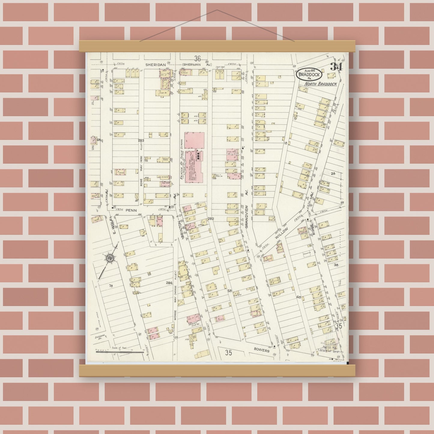 Old map wall art mockup — magnetic wood frame on brick wall — Sanborn Fire Insurance Map from Braddock, Allegheny County, Pennsylvania (1914), Sheet #0034