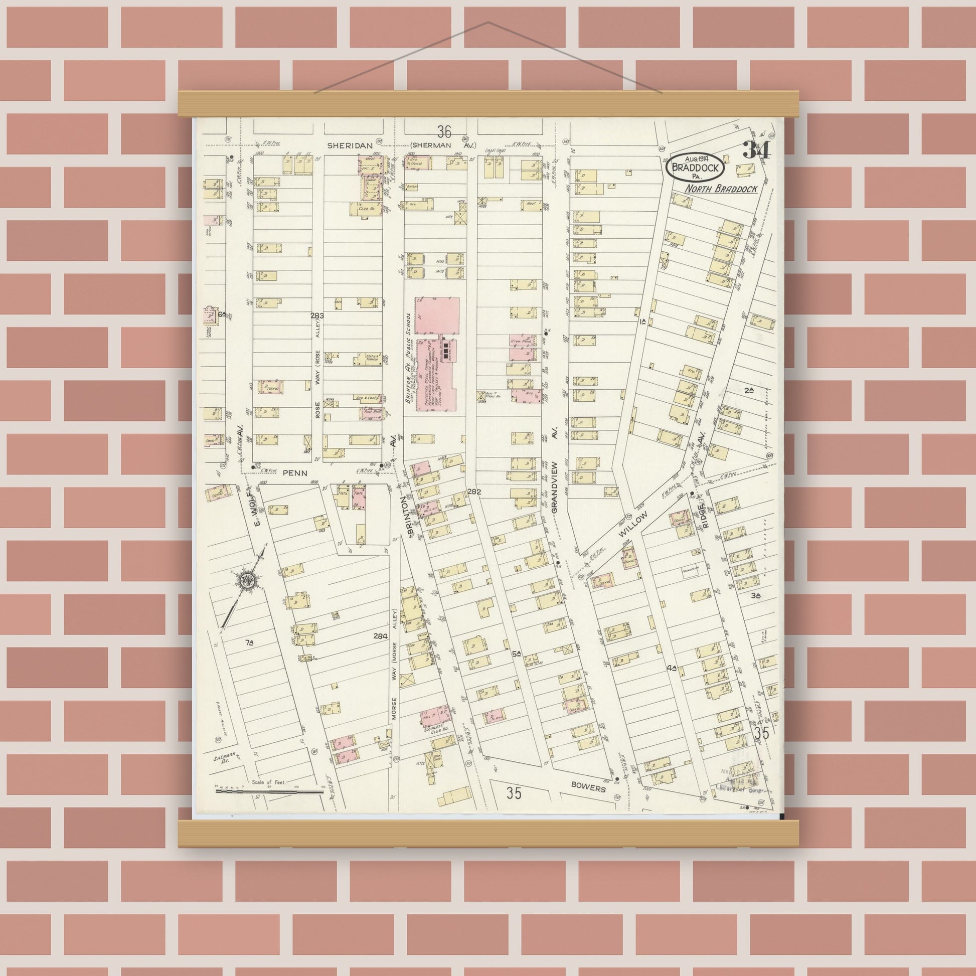 Old map wall art mockup — magnetic wood frame on brick wall — Sanborn Fire Insurance Map from Braddock, Allegheny County, Pennsylvania (1914), Sheet #0034
