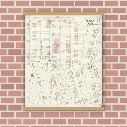 Old map wall art mockup — magnetic wood frame on brick wall — Sanborn Fire Insurance Map from Braddock, Allegheny County, Pennsylvania (1914), Sheet #0034