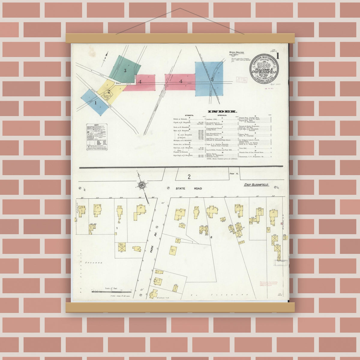 Old map wall art mockup — magnetic wood frame on brick wall — Sanborn Fire Insurance Map from Holcomb, Ontario County, New York (1909), Sheet #0001