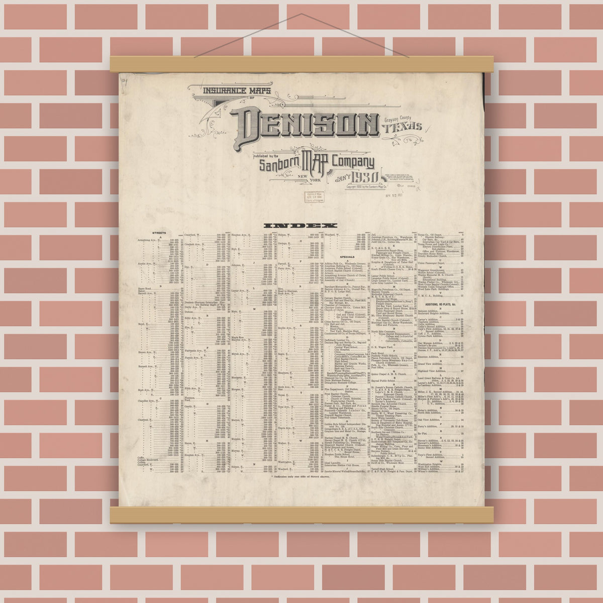 Old map wall art mockup — magnetic wood frame on brick wall — Sanborn Fire Insurance Map from Denison, Grayson County, Texas (1930), Sheet #0001