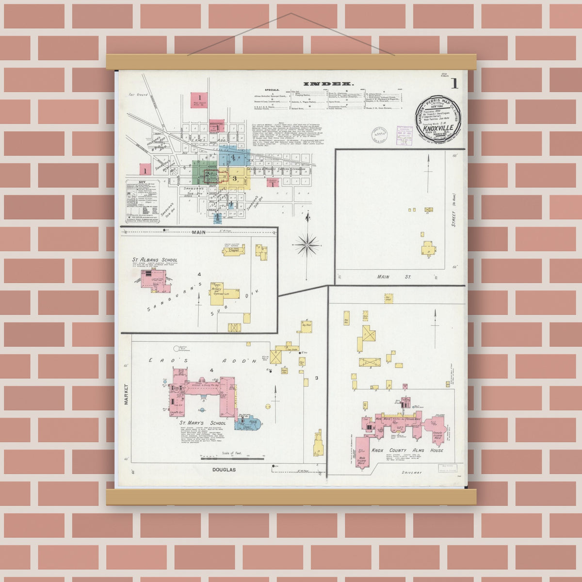 Old map wall art mockup — magnetic wood frame on brick wall — Sanborn Fire Insurance Map from Knoxville, Knox County, Illinois (1901) - Complete Map Set