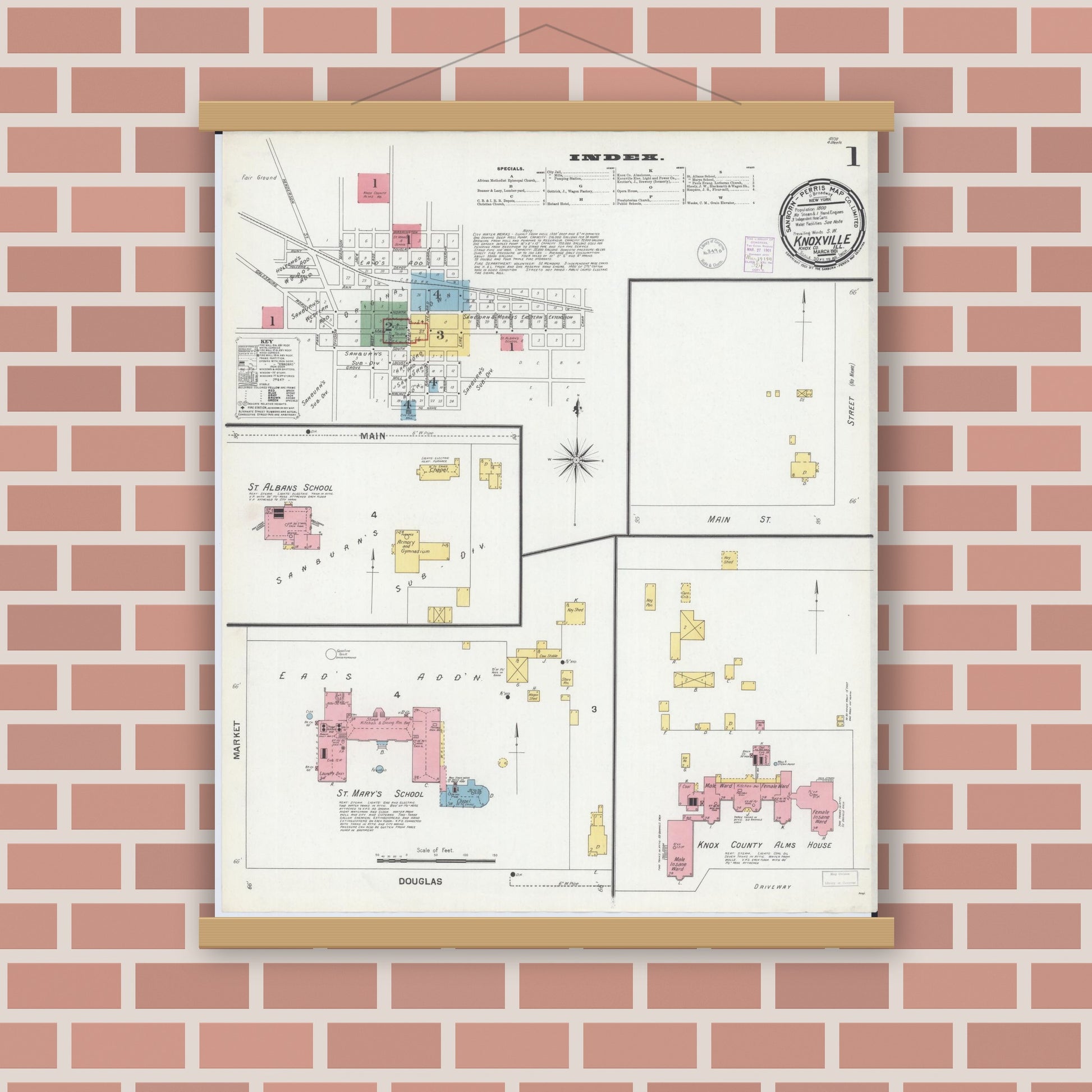 Old map wall art mockup — magnetic wood frame on brick wall — Sanborn Fire Insurance Map from Knoxville, Knox County, Illinois (1901) - Complete Map Set