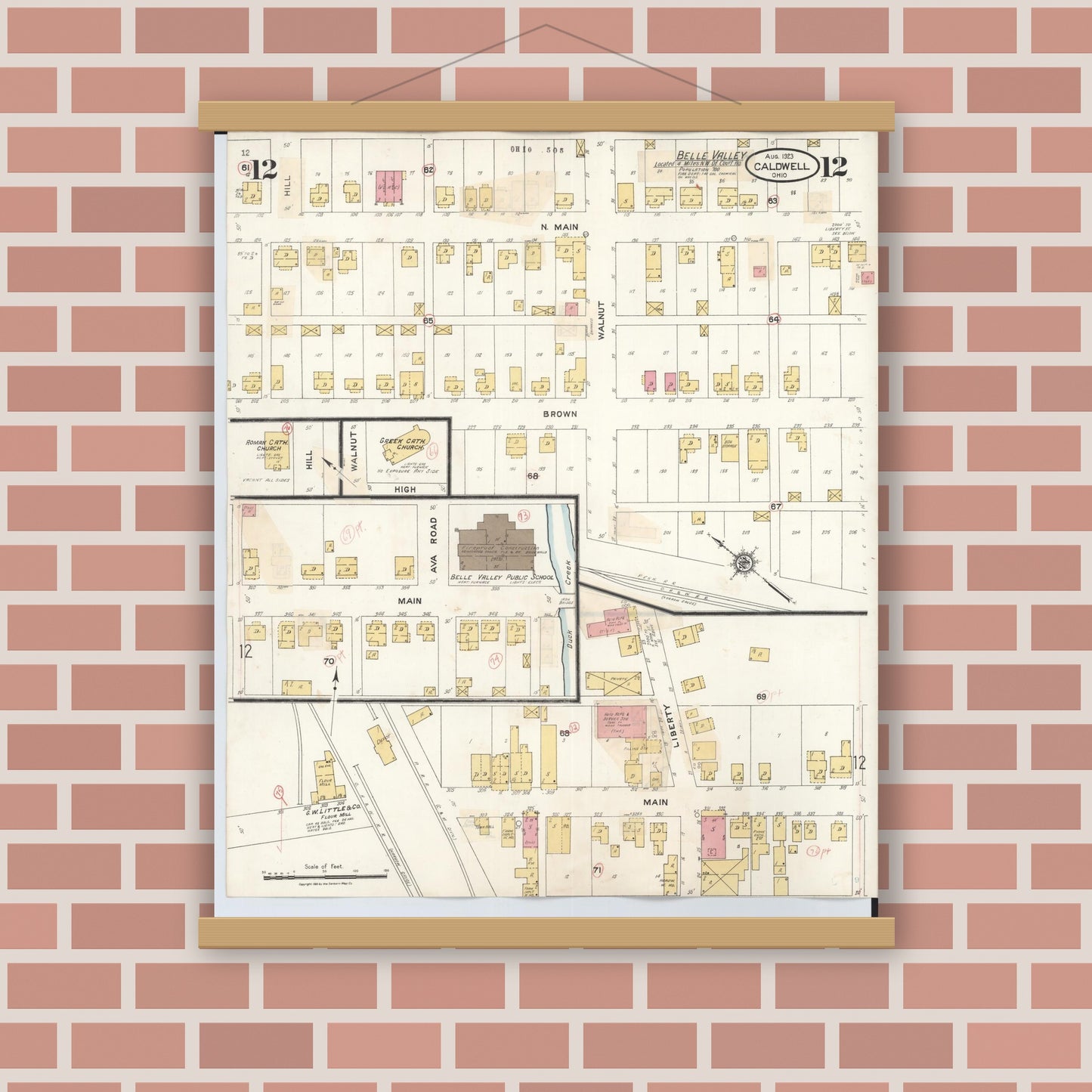 Old map wall art mockup — magnetic wood frame on brick wall — Sanborn Fire Insurance Map from Caldwell, Noble County, Ohio (1932), Sheet #0012