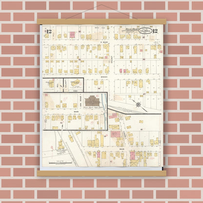 Old map wall art mockup — magnetic wood frame on brick wall — Sanborn Fire Insurance Map from Caldwell, Noble County, Ohio (1932), Sheet #0012