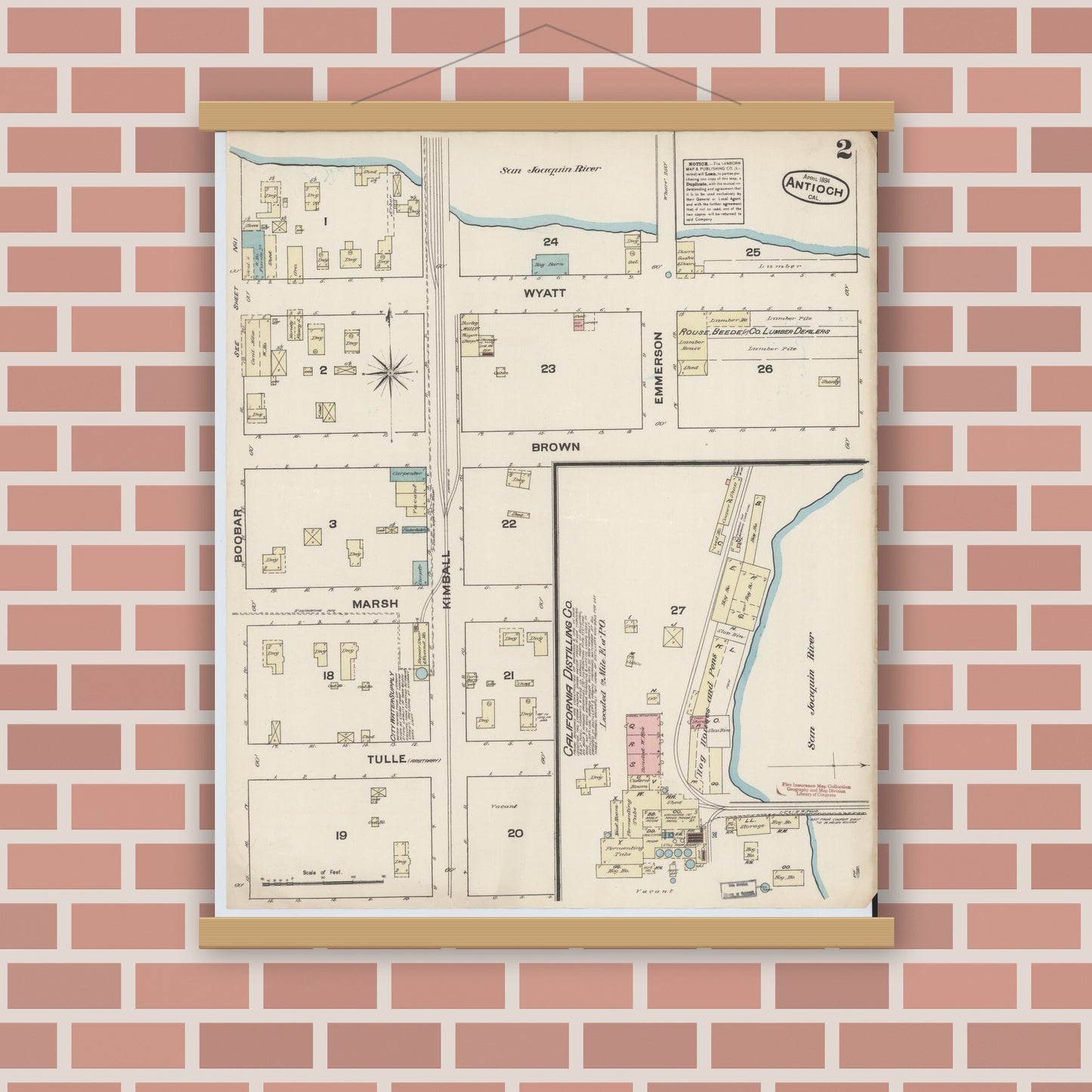 Old map wall art mockup — magnetic wood frame on brick wall — Sanborn Fire Insurance Map from Antioch, Contra Costa County, California (1884), Sheet #0002