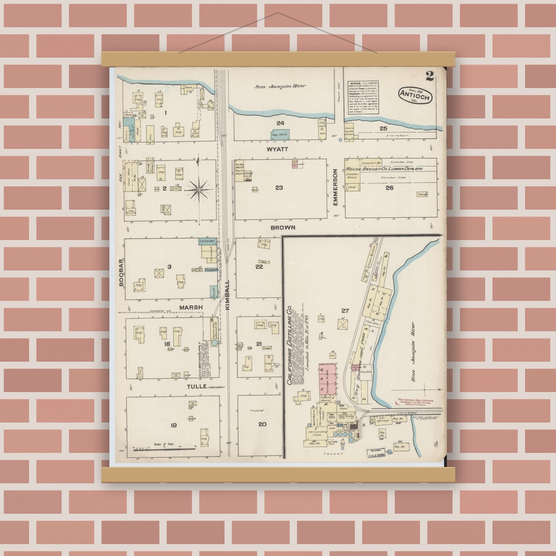 Old map wall art mockup — magnetic wood frame on brick wall — Sanborn Fire Insurance Map from Antioch, Contra Costa County, California (1884), Sheet #0002