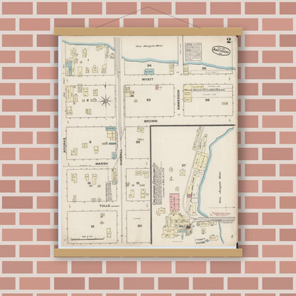 Old map wall art mockup — magnetic wood frame on brick wall — Sanborn Fire Insurance Map from Antioch, Contra Costa County, California (1884), Sheet #0002