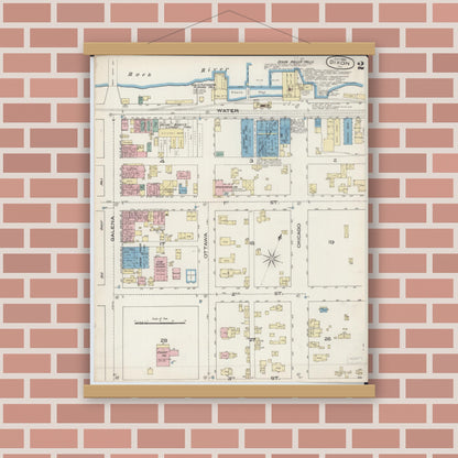 Old map wall art mockup — magnetic wood frame on brick wall — Sanborn Fire Insurance Map from Dixon, Lee County, Illinois (1885), Sheet #0002