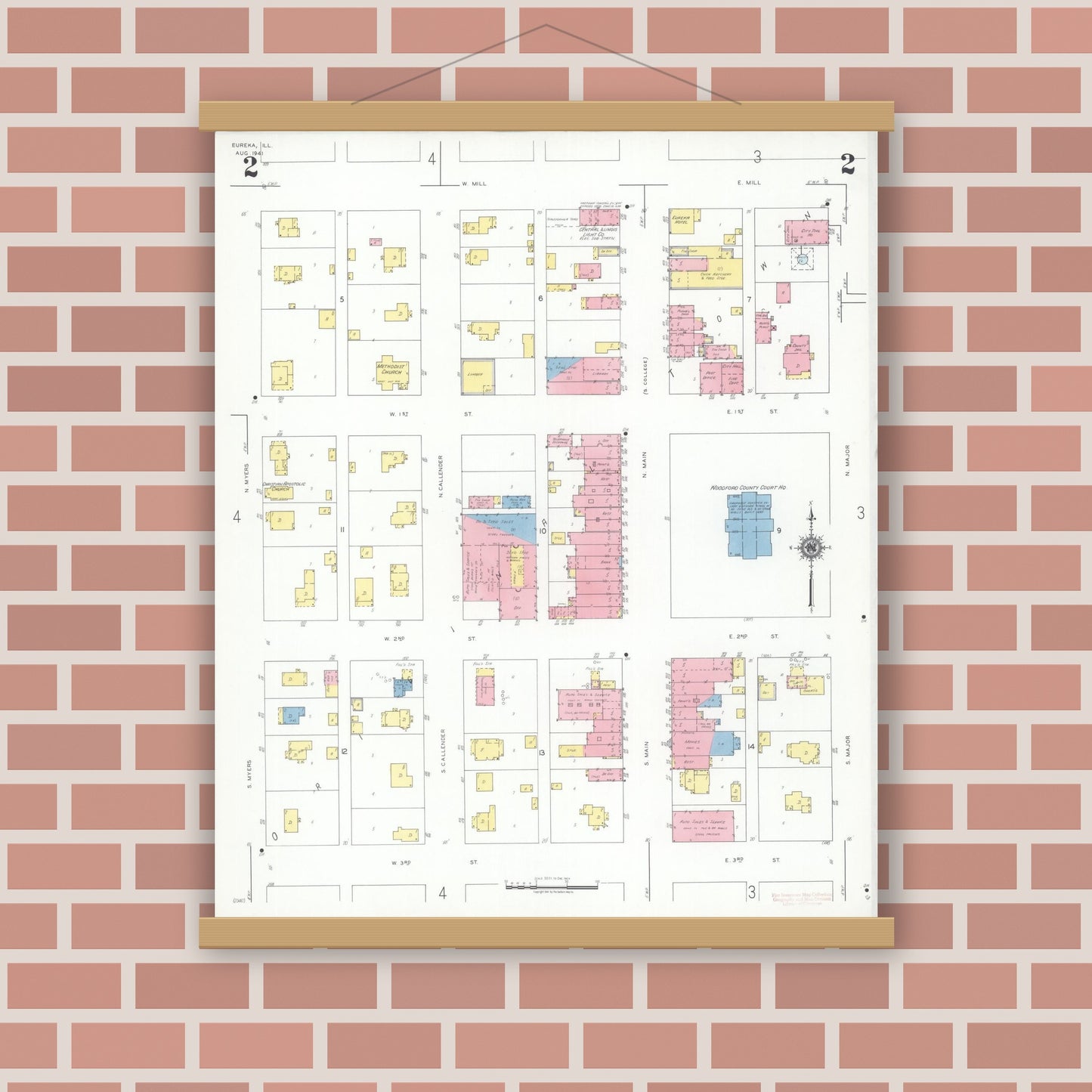 Old map wall art mockup — magnetic wood frame on brick wall — Sanborn Fire Insurance Map from Eureka, Woodford County, Illinois (1941), Sheet #0002