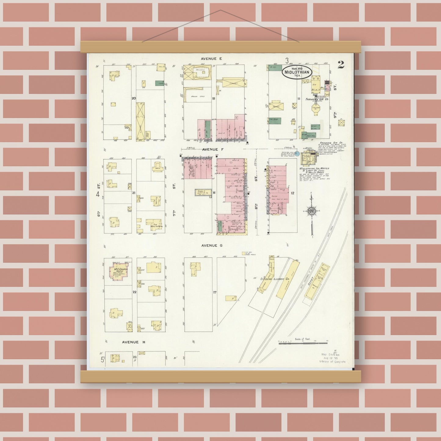 Old map wall art mockup — magnetic wood frame on brick wall — Sanborn Fire Insurance Map from Midlothian, Ellis County, Texas (1910), Sheet #0002