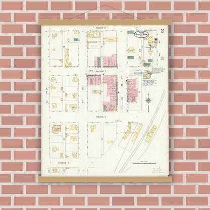 Old map wall art mockup — magnetic wood frame on brick wall — Sanborn Fire Insurance Map from Midlothian, Ellis County, Texas (1910), Sheet #0002