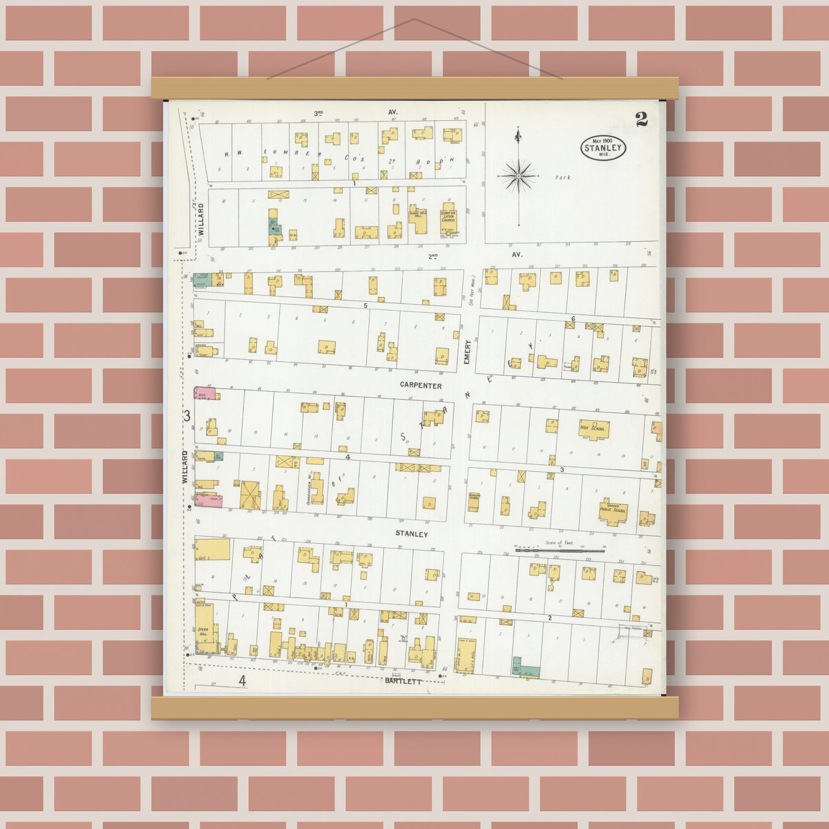 Old map wall art mockup — magnetic wood frame on brick wall — Sanborn Fire Insurance Map from Stanley, Chippewa County, Wisconsin (1900), Sheet #0002