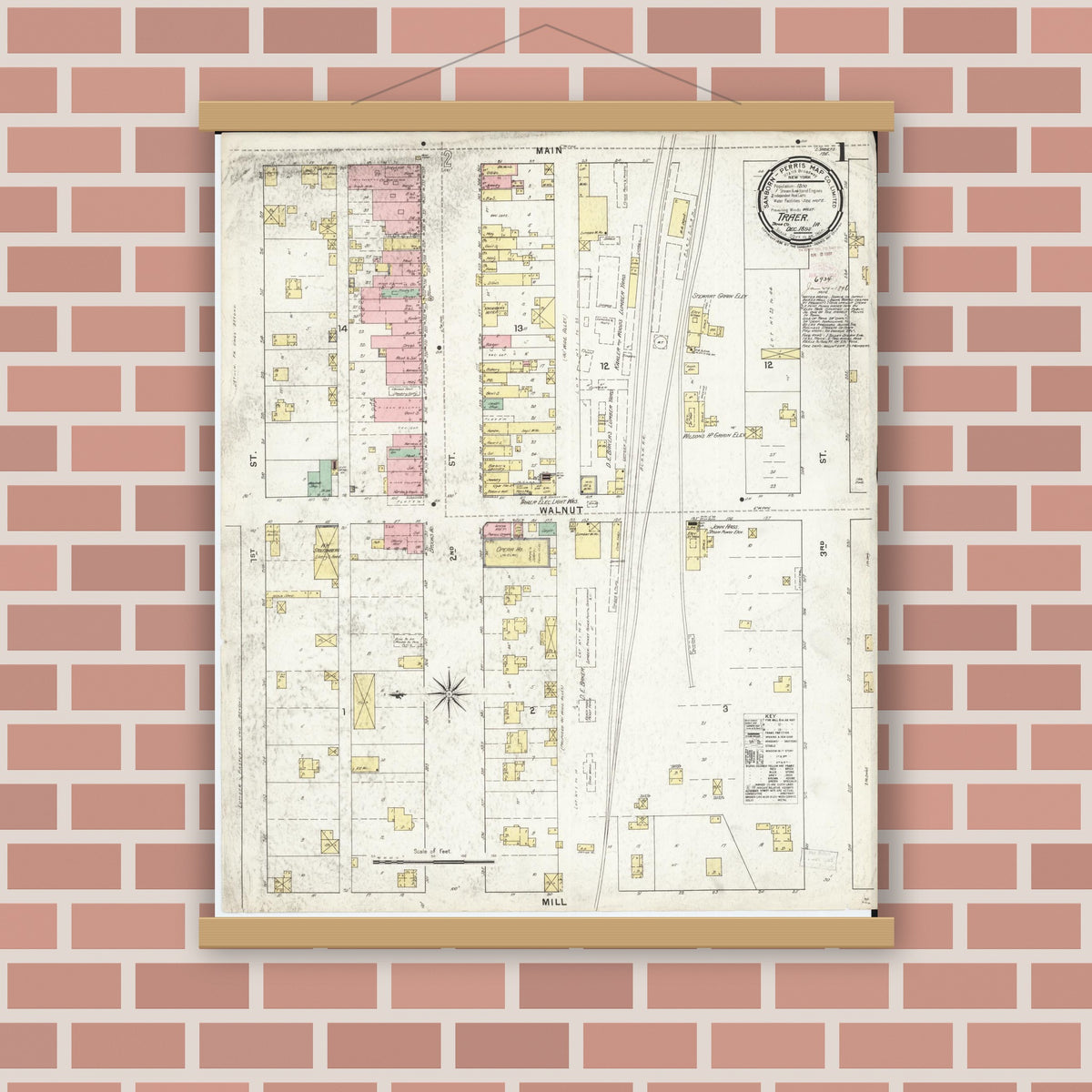 Old map wall art mockup — magnetic wood frame on brick wall — Sanborn Fire Insurance Map from Traer, Tama County, Iowa (1895), Sheet #0001