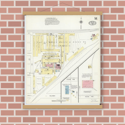 Old map wall art mockup — magnetic wood frame on brick wall — Sanborn Fire Insurance Map from Saint Marys, Auglaize County, Ohio (1914), Sheet #0014