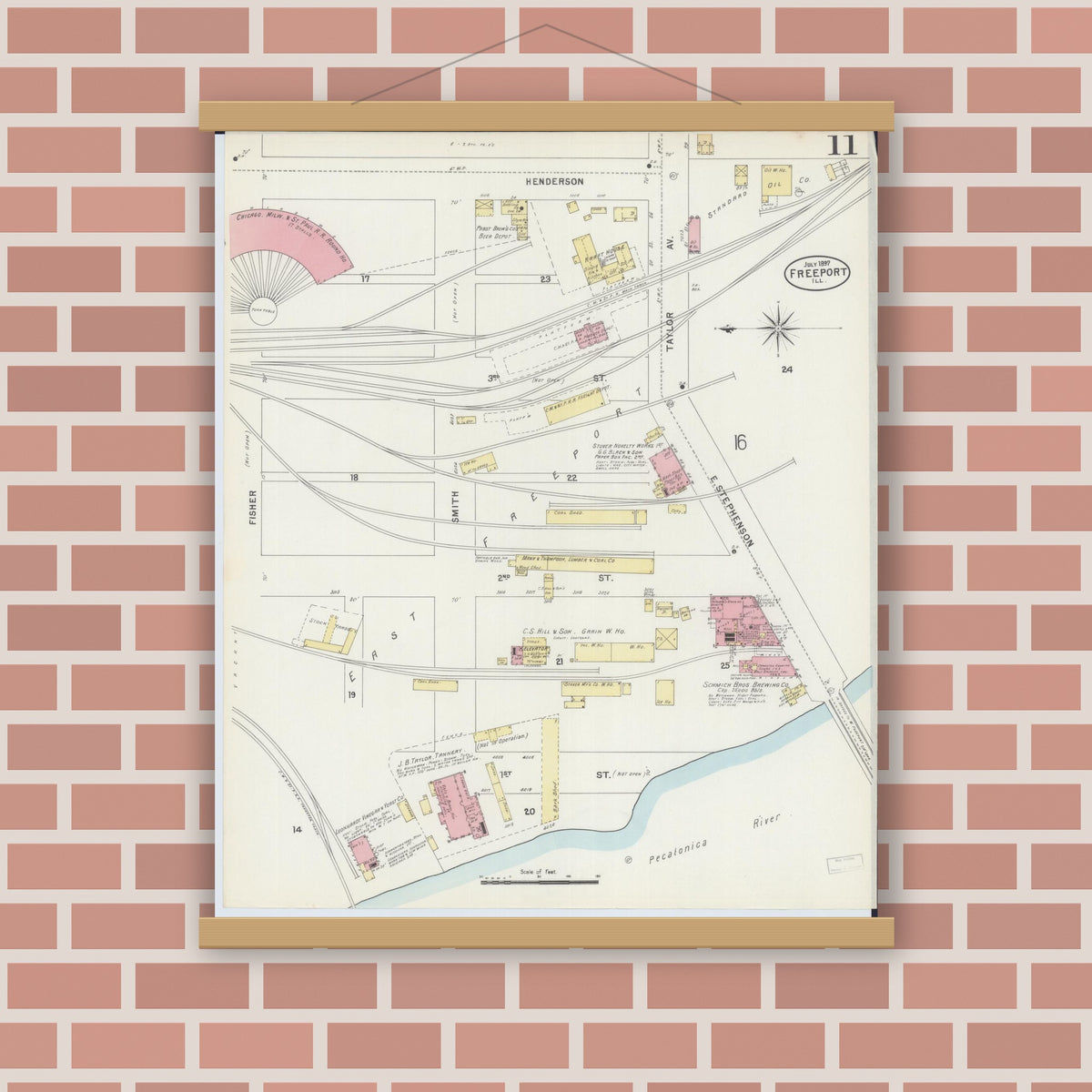 Old map wall art mockup — magnetic wood frame on brick wall — Sanborn Fire Insurance Map from Freeport, Stephenson County, Illinois (1897), Sheet #0011